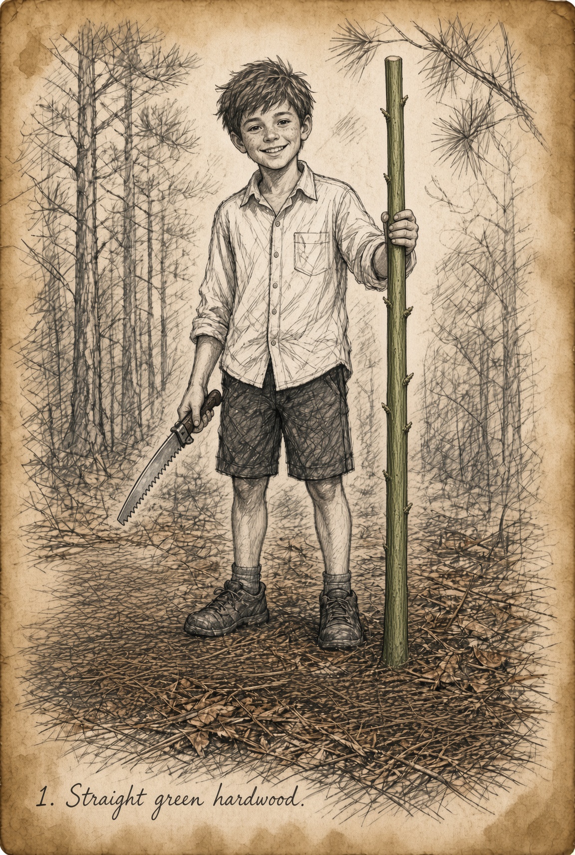 Straight green hardwood sapling ready for a spear shaft