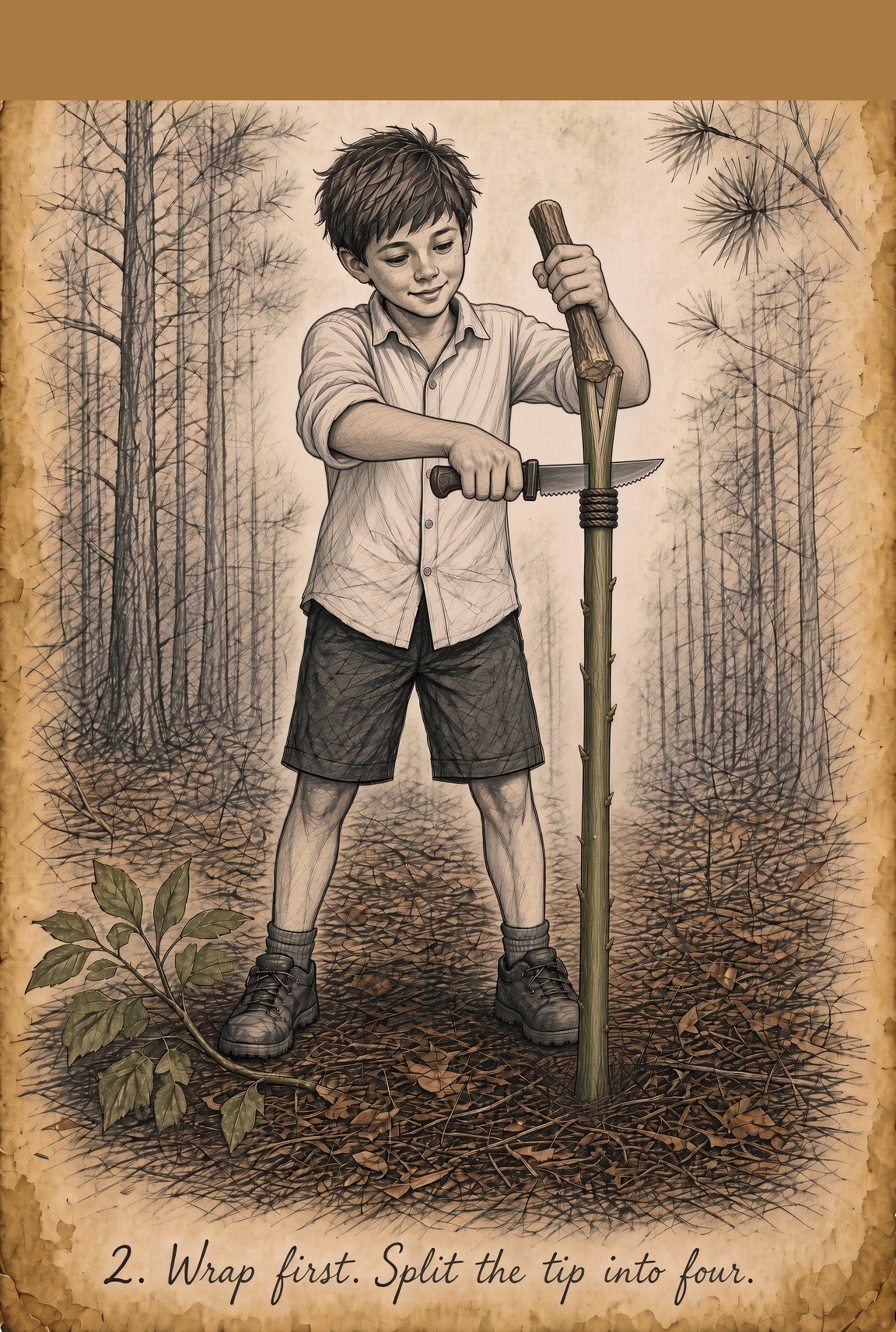 Bushcraft sketch: wrap the shaft first, then baton-split the tip into four