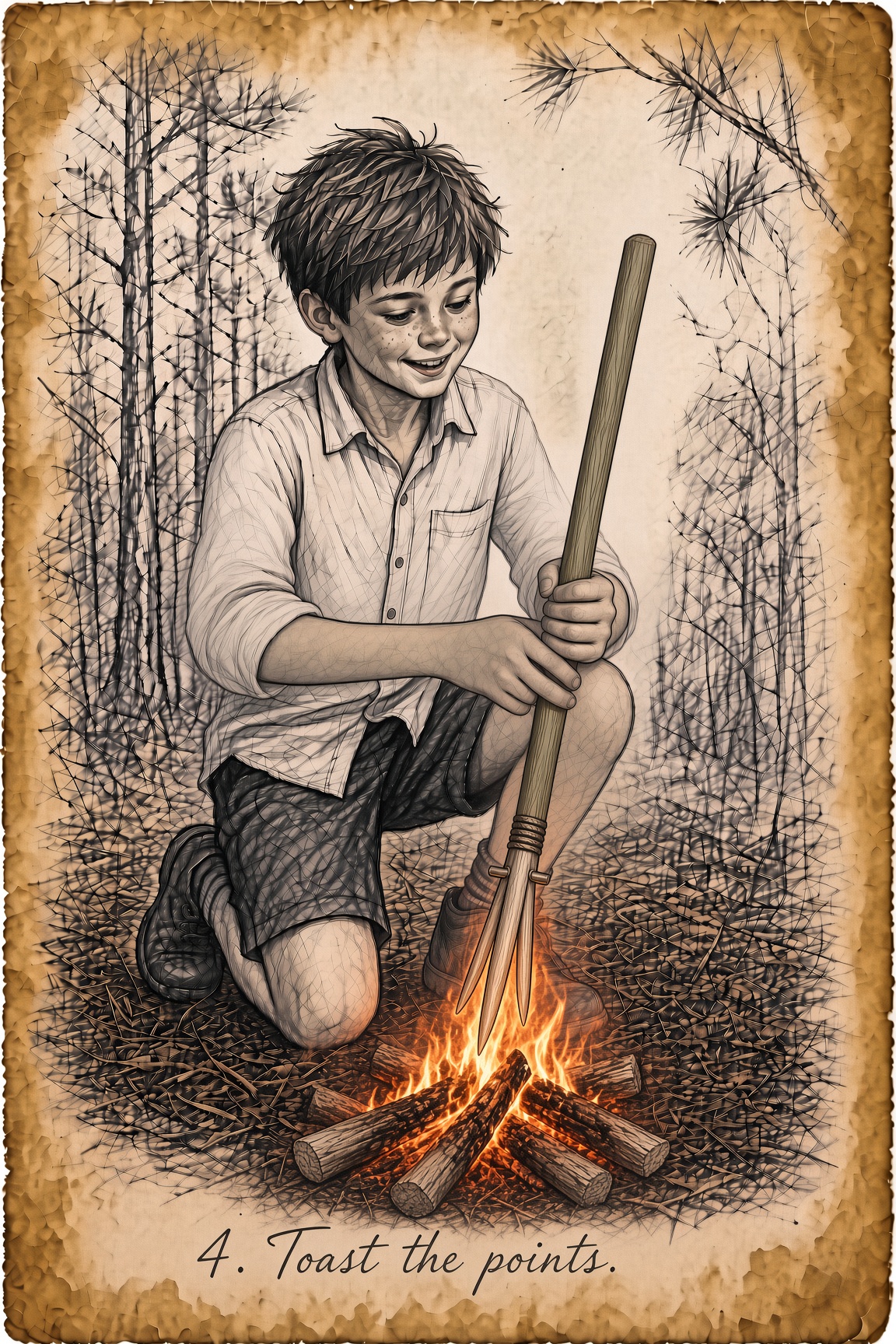 Spear tips toasting over coals to fire-harden