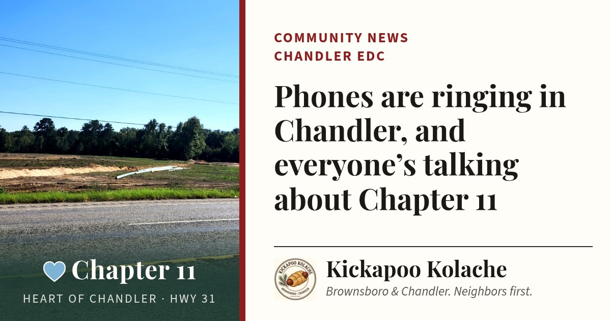 The Heart of Chandler site on Hwy 31 with a heart labeled Chapter 11, beside the story headline