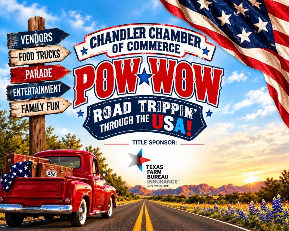 Chandler Chamber of Commerce Pow Wow flyer: Road Trippin’ Through the USA! A red pickup on a highway beside a signpost listing vendors, food trucks, parade, entertainment and family fun. Title sponsor Texas Farm Bureau Insurance