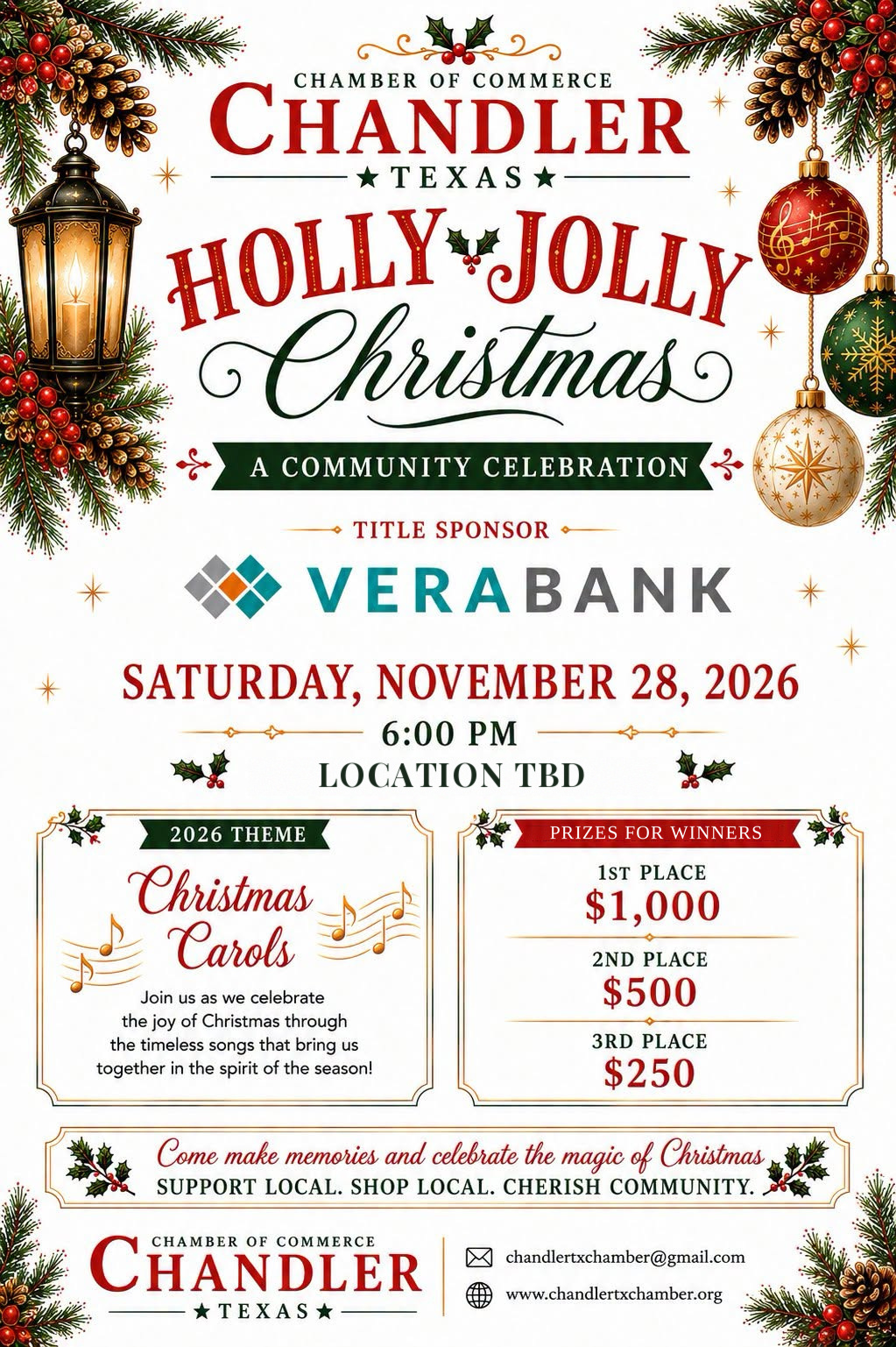 Holly Jolly Christmas 2026 flyer, edited to show location TBD and prizes wording