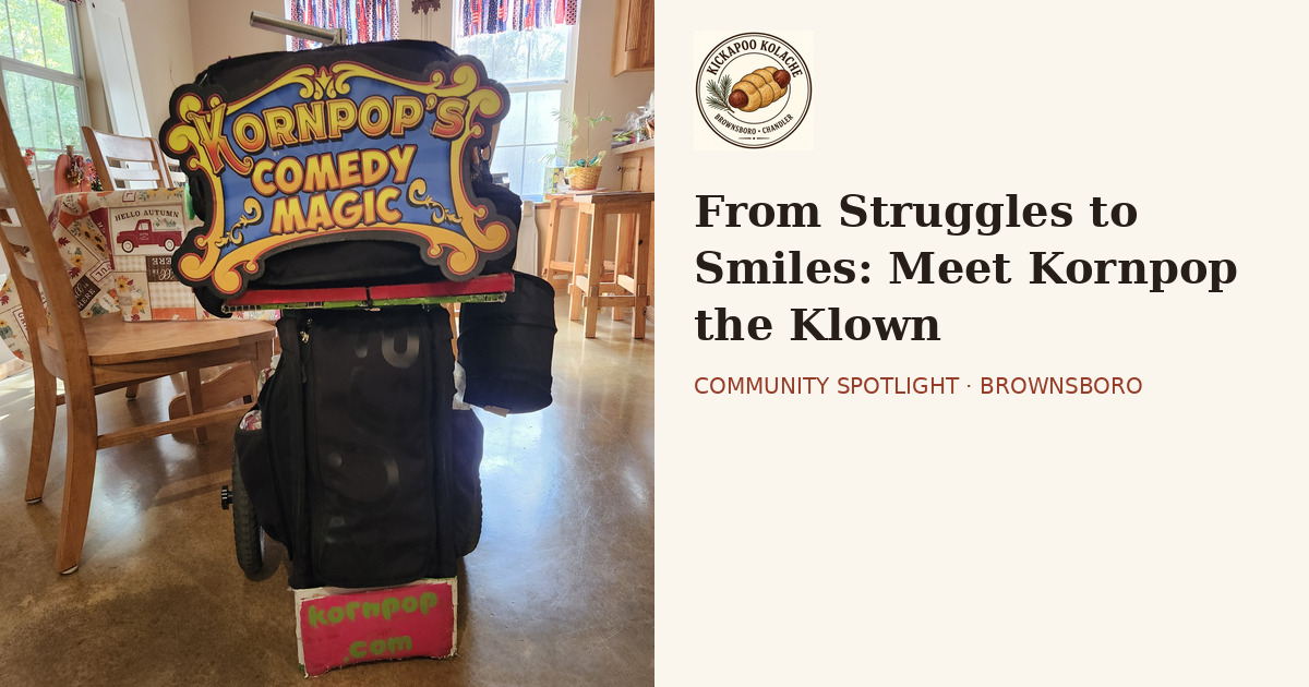 Kornpop’s “Comedy Magic” show case, beside the story headline and the Kickapoo Kolache logo