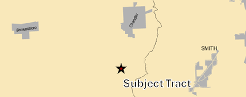Vicinity map showing Brownsboro and Chandler to the north, the Smith County line to the east, Smith beyond it, and a star marking the subject tract south of Chandler