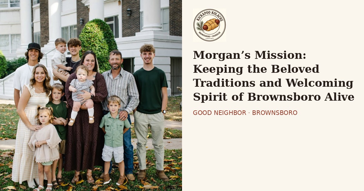 Morgan Smith with her husband, Dennis, and their nine children, beside the story headline and the Kickapoo Kolache logo