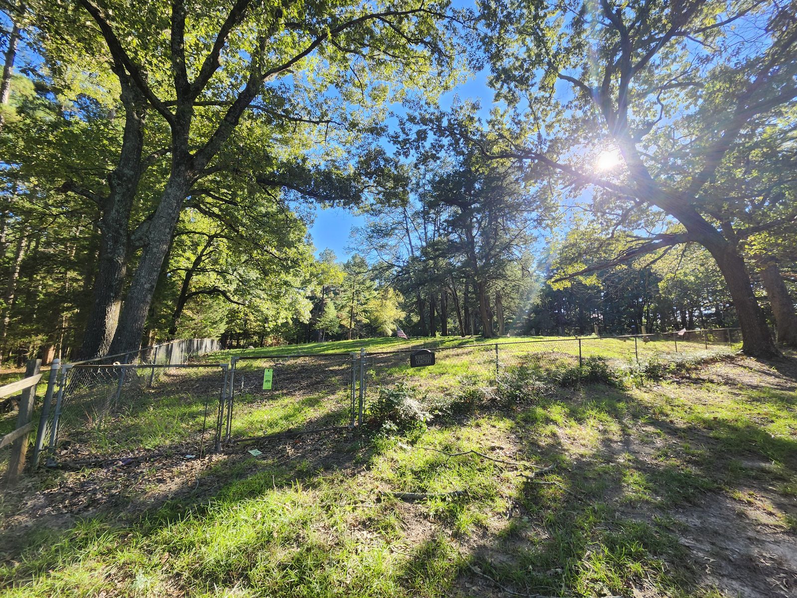 A chain-link fence and gate around the cemetery grounds under large oaks