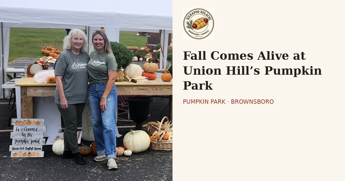 Pumpkin Park director Jennifer Harville and volunteer Reba at the welcome tent, beside the story headline and the Kickapoo Kolache logo